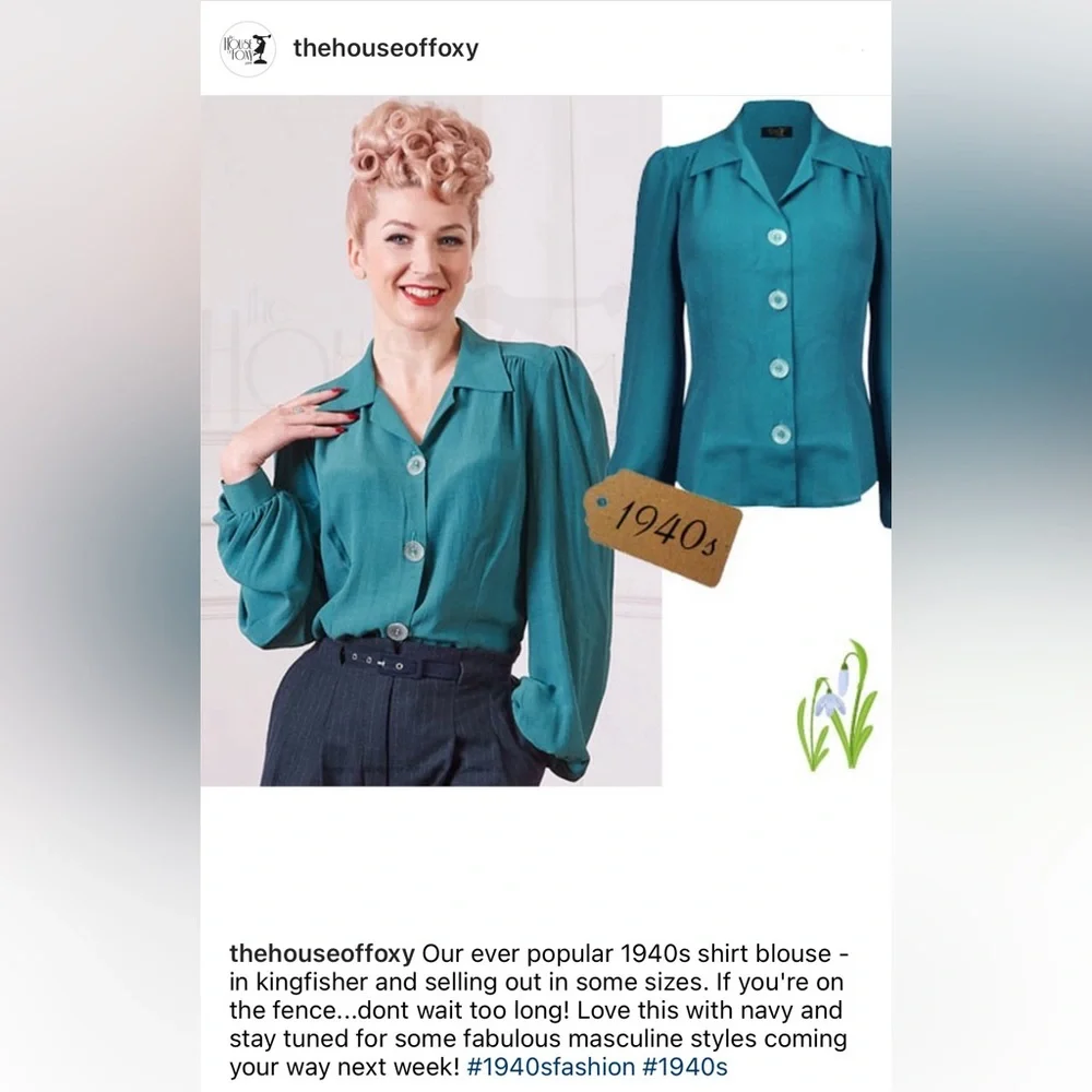House of Foxy 1940s style blouse in bright duckegg UK size 12 - Picture 1 of 14